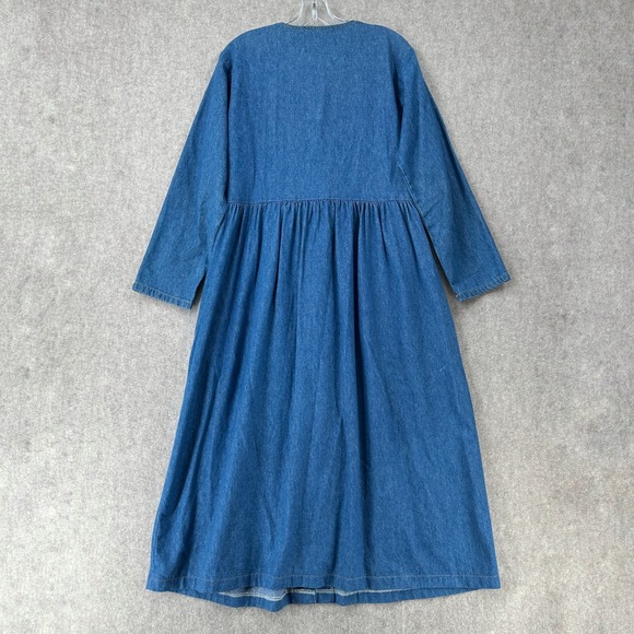 VTG Womens Studded Maxi Denim Dress Sz‎ LARGE Heart Buttons Long Sleeve V-Neck - Picture 2 of 11